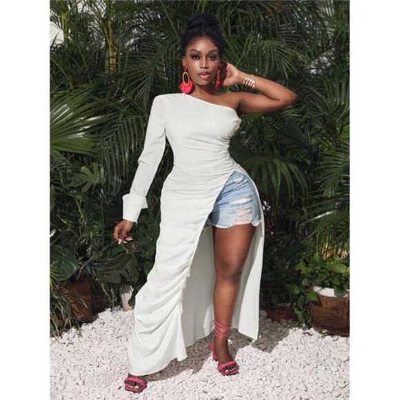 Super Long Top With One Shoulder, Long Sleeve, High Side Slit, Ruched Waistband - Picture 6 of 7